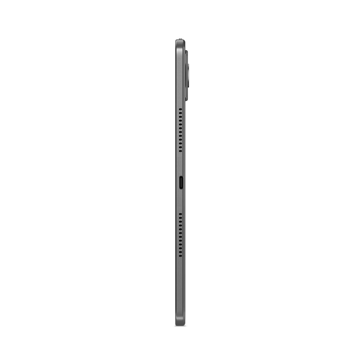 Yan taraftan gösterilen gri tablet, şarj portu ve hoparlör ızgaraları.