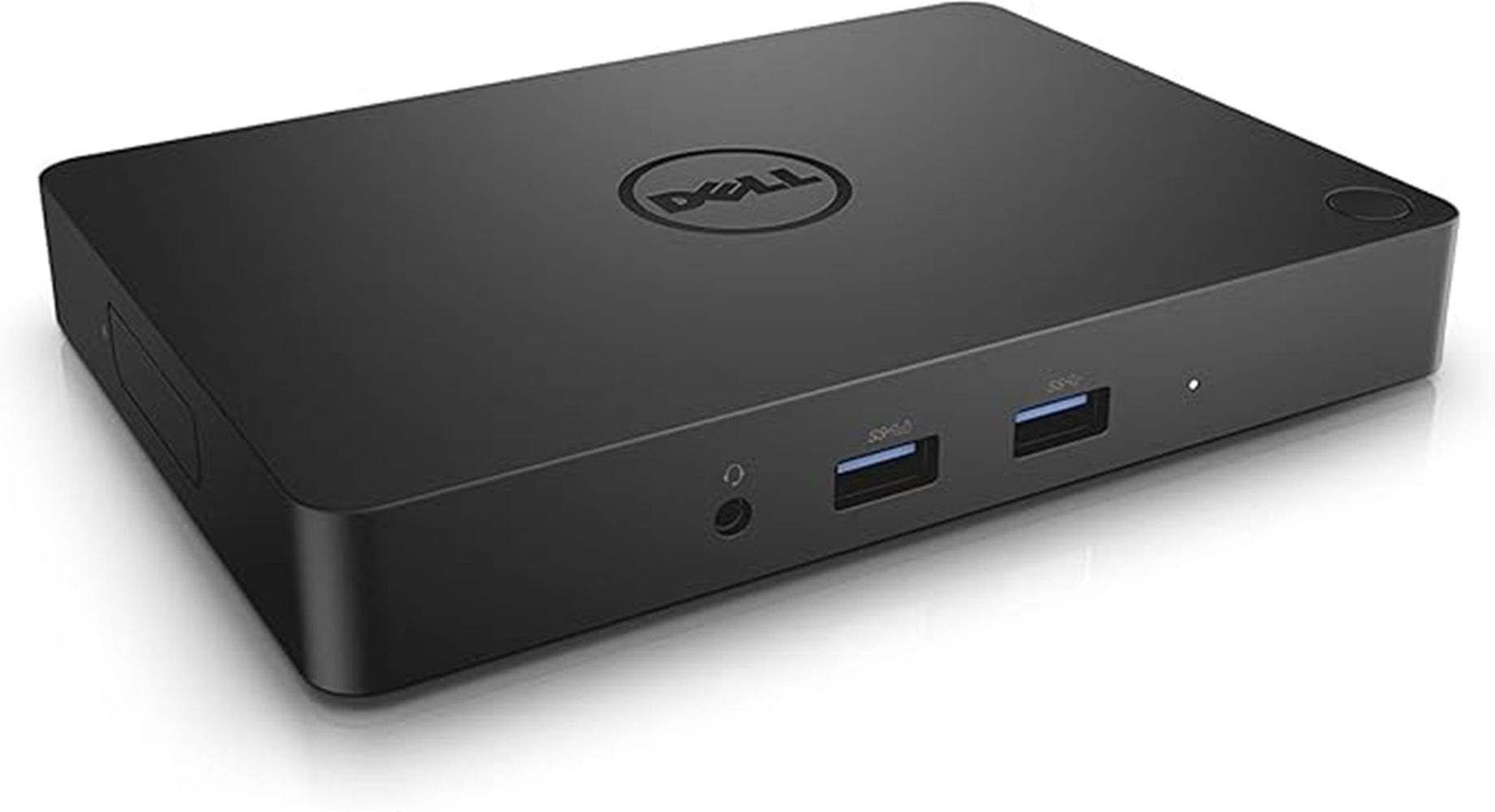 Czarna obudowa mini PC Dell z portami USB i logo Dell.