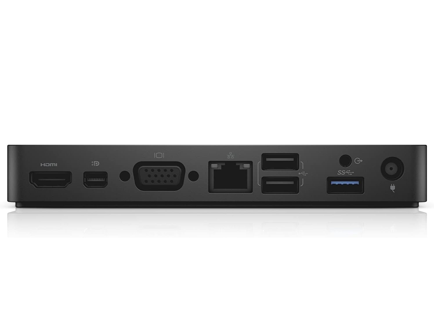 Tył czarnego urządzenia z portami HDMI, USB, sieciowym i VGA.