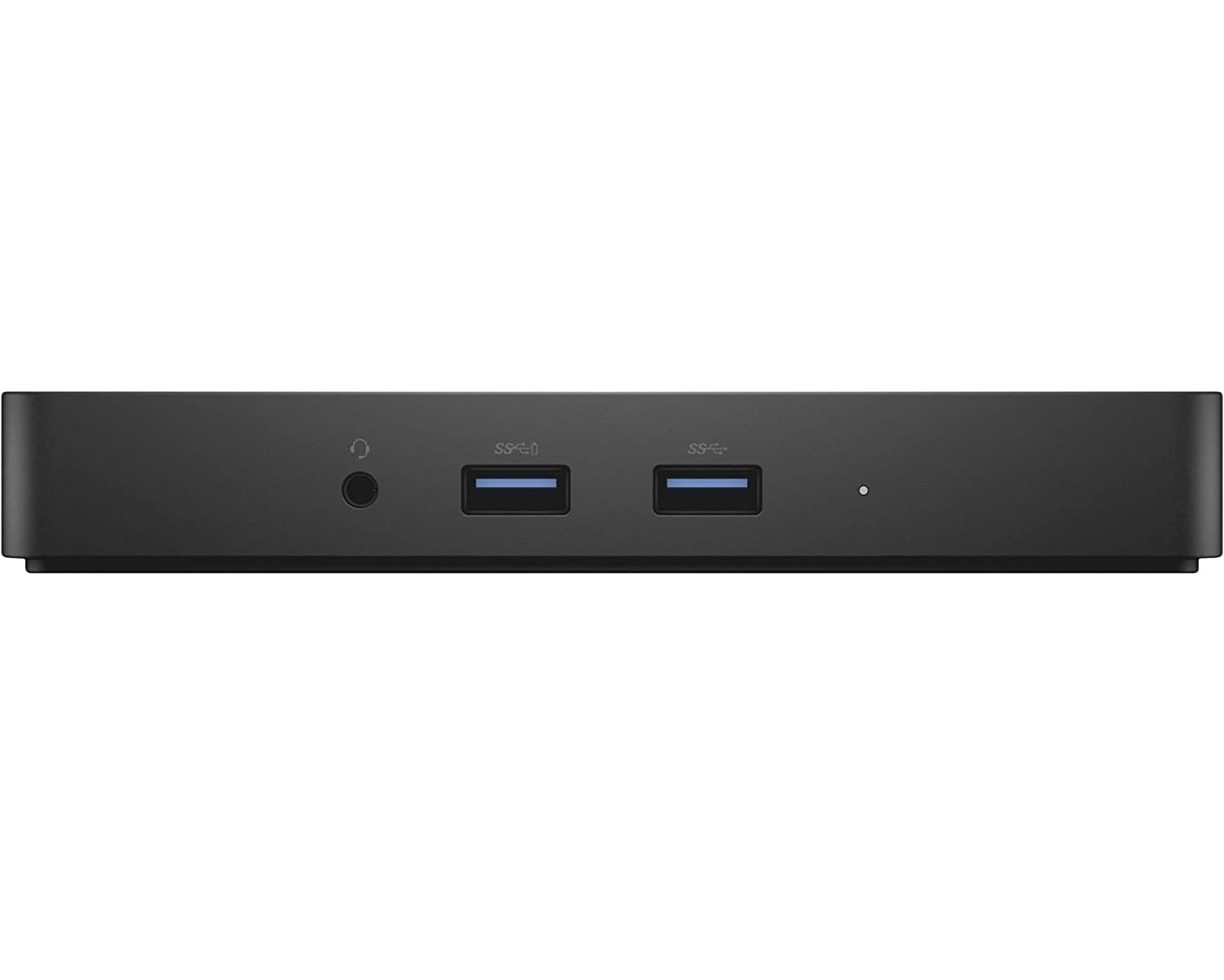 Czarna skrzynka z gniazdem słuchawkowym, 2 portami USB i małą kropką.