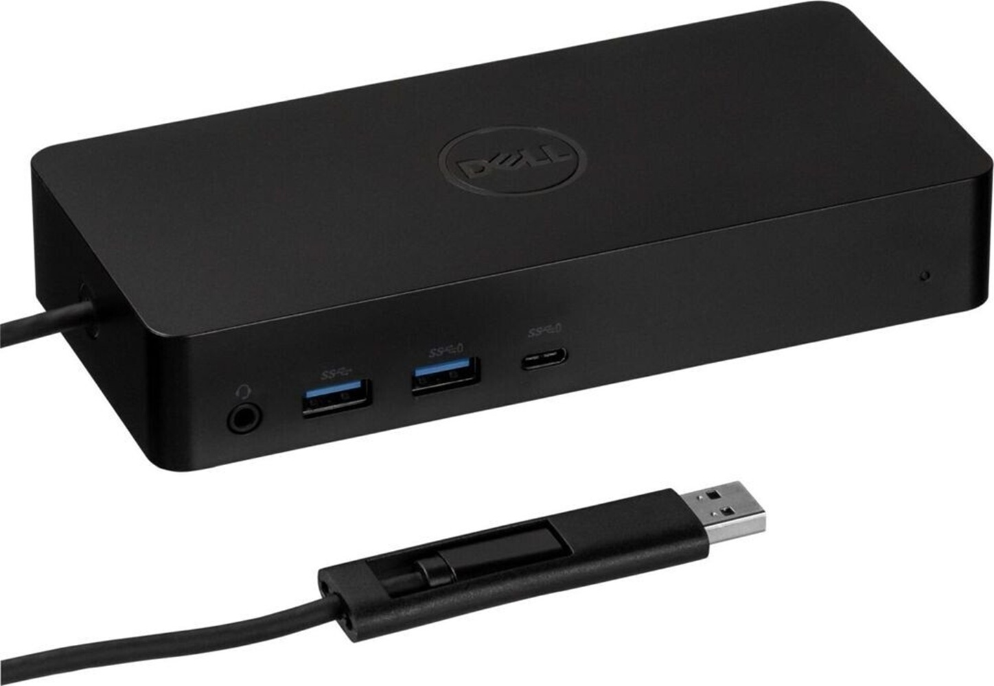 Schwarze Dell Dockingstation mit USB-A-, USB-C-Anschlüssen und einem Kabel.