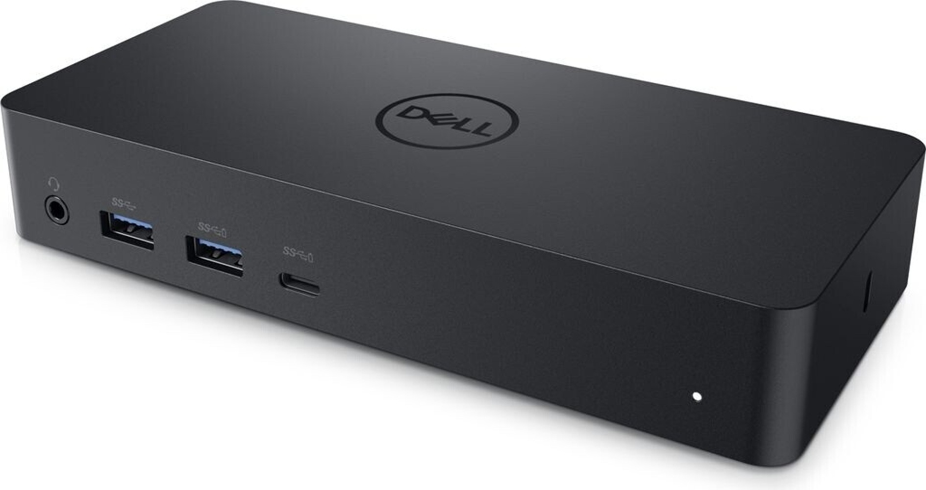 Schwarzer Dell-Dockingstation mit USB- und Audioanschlüssen und Dell-Logo.