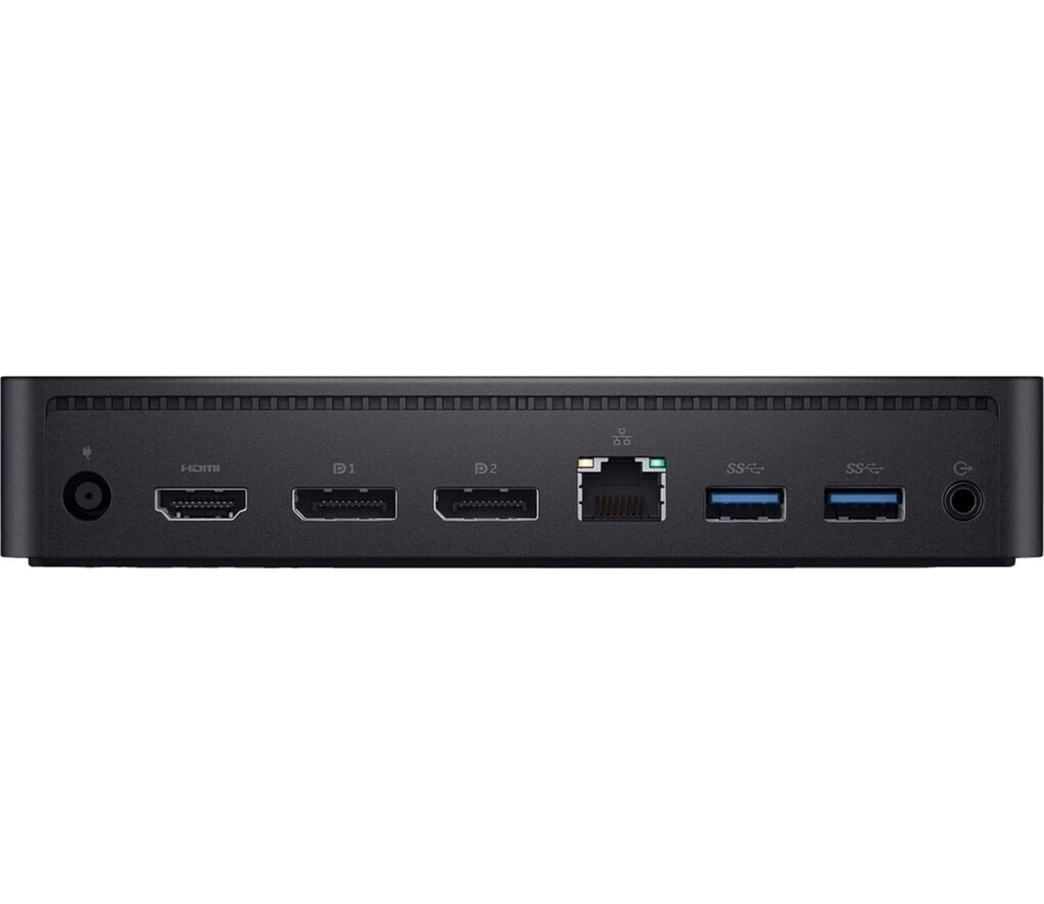 Schwarzes Gehäuse mit Anschlüssen: Strom, HDMI, D1, D2, Netzwerk, 2x USB, Audio.