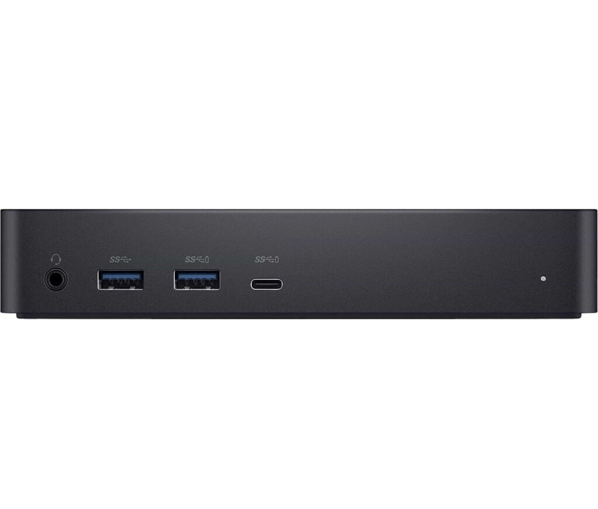 Schwarzes Gerät mit Anschlüssen: Kopfhörer, 2x USB, 1x USB-C. Kleiner Punkt rechts.
