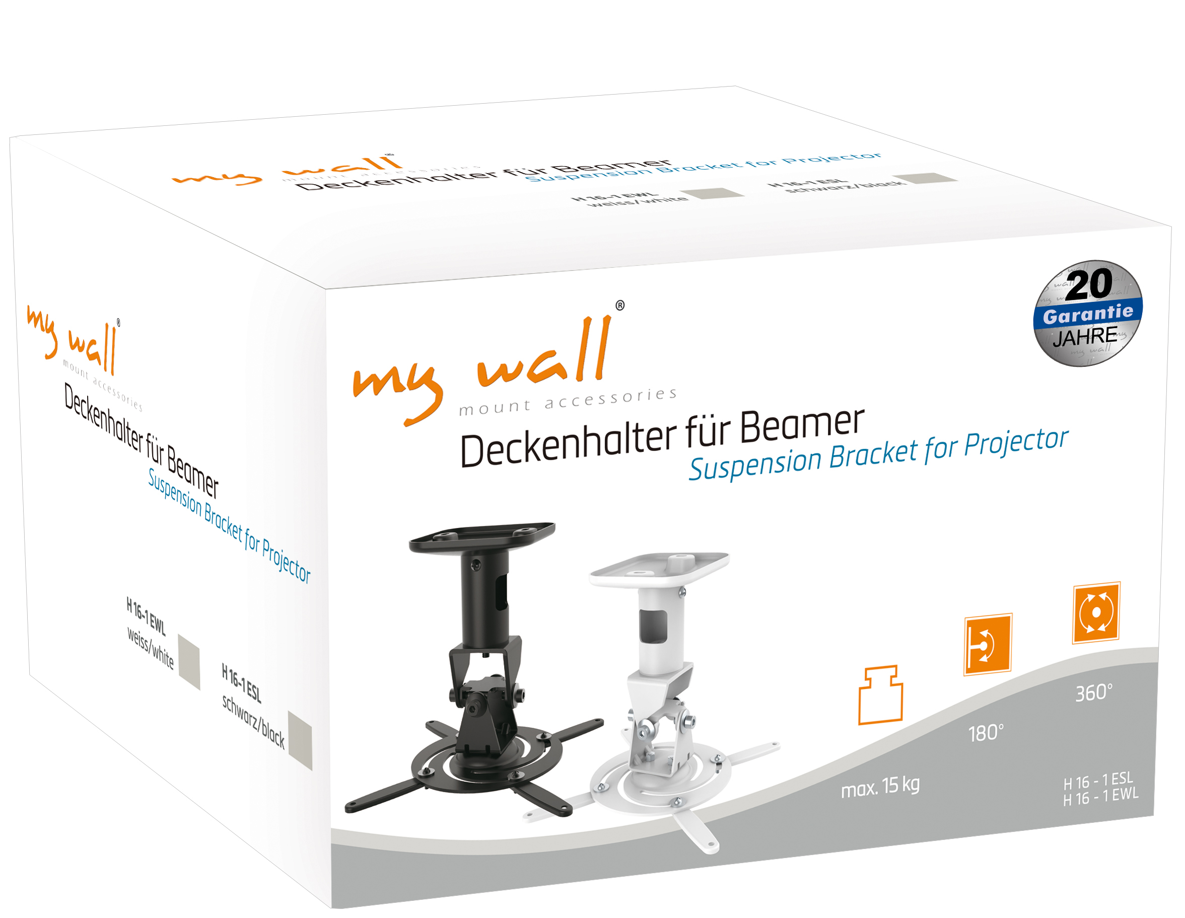 Verpackung für Deckenhalterung mit zwei Halterungen, schwarz und weiß, mit Garantieangabe.