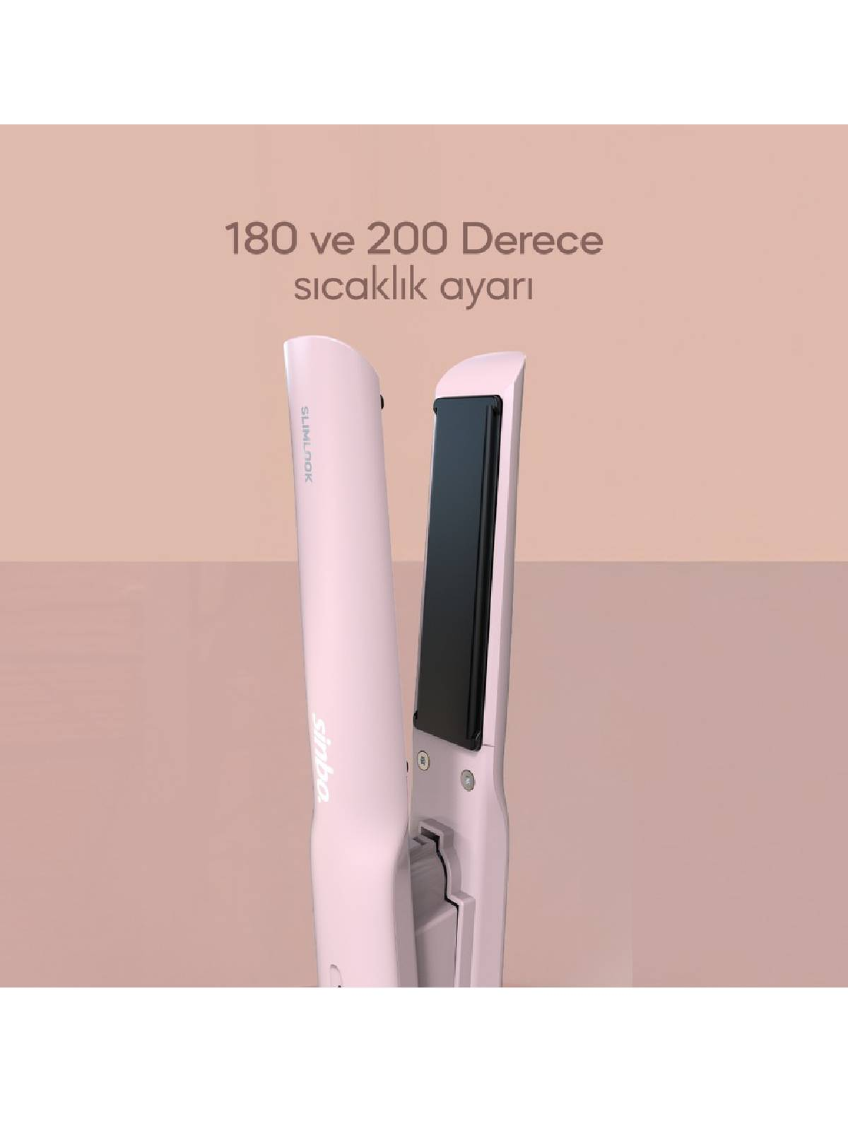 Siyah plakalı pembe saç düzleştirici. Yazı: 180 ve 200 derece sıcaklık ayarı.