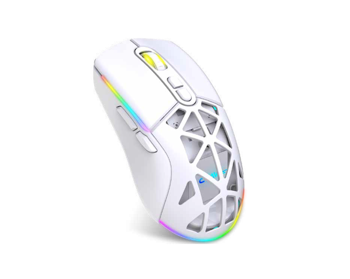 Petek desenli, RGB aydınlatmalı beyaz oyuncu faresi.