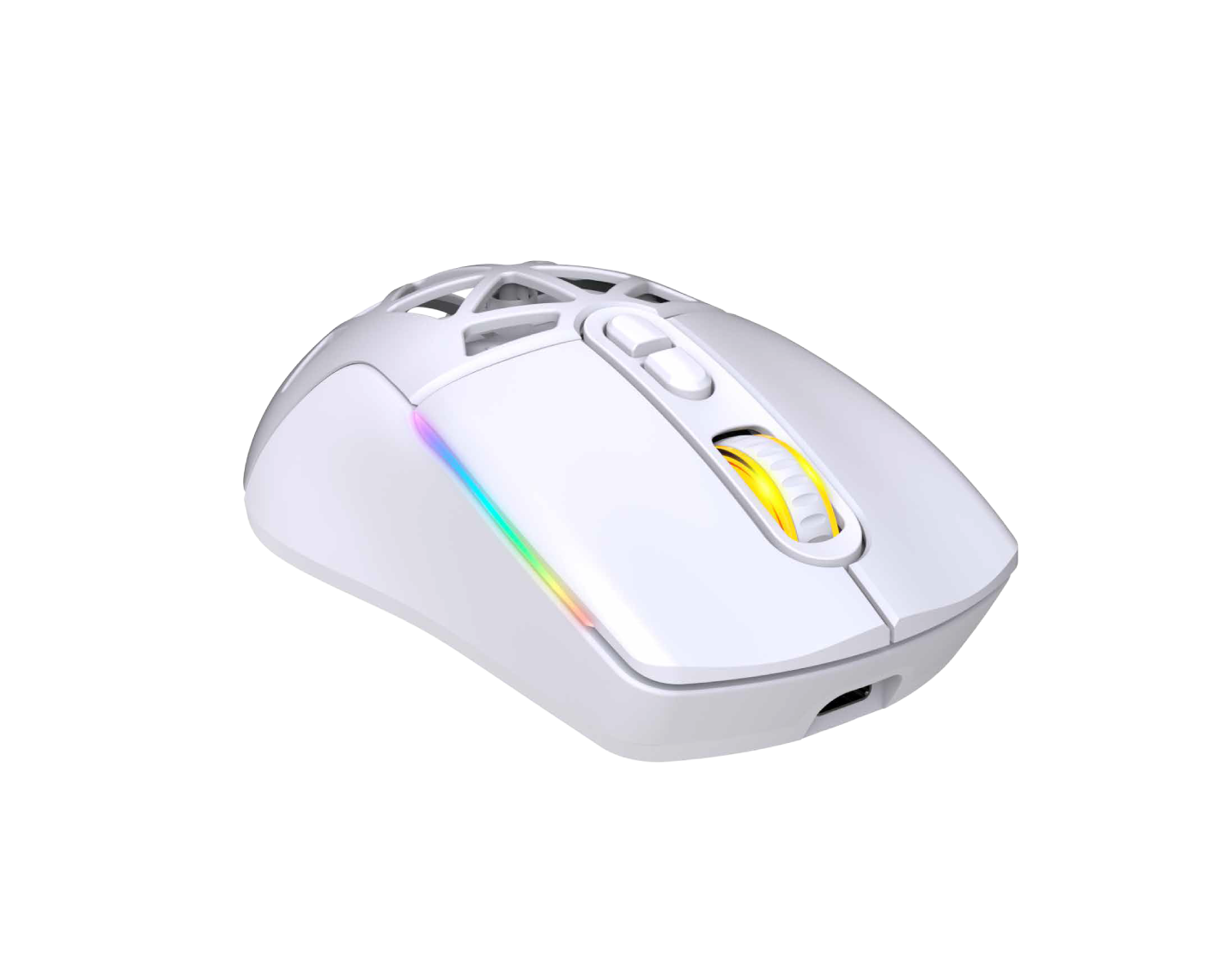 RGB aydınlatmalı ve sarı kaydırma tekerlekli beyaz oyuncu faresi.