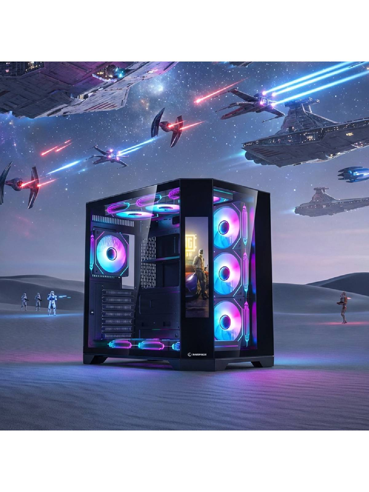 Arka planda uzay gemileri olan bir çöl manzarasında bir PC kasası.