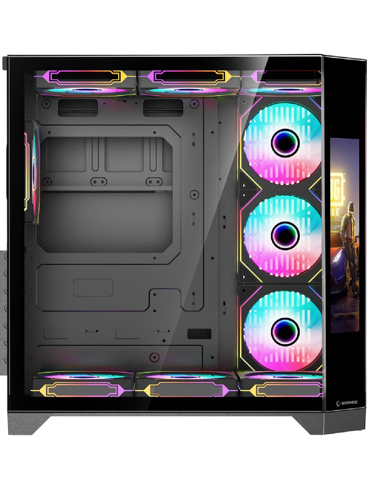 RGB fanlar ve aydınlatmalı siyah PC kasası. Cam yan panel iç kısmı gösteriyor.