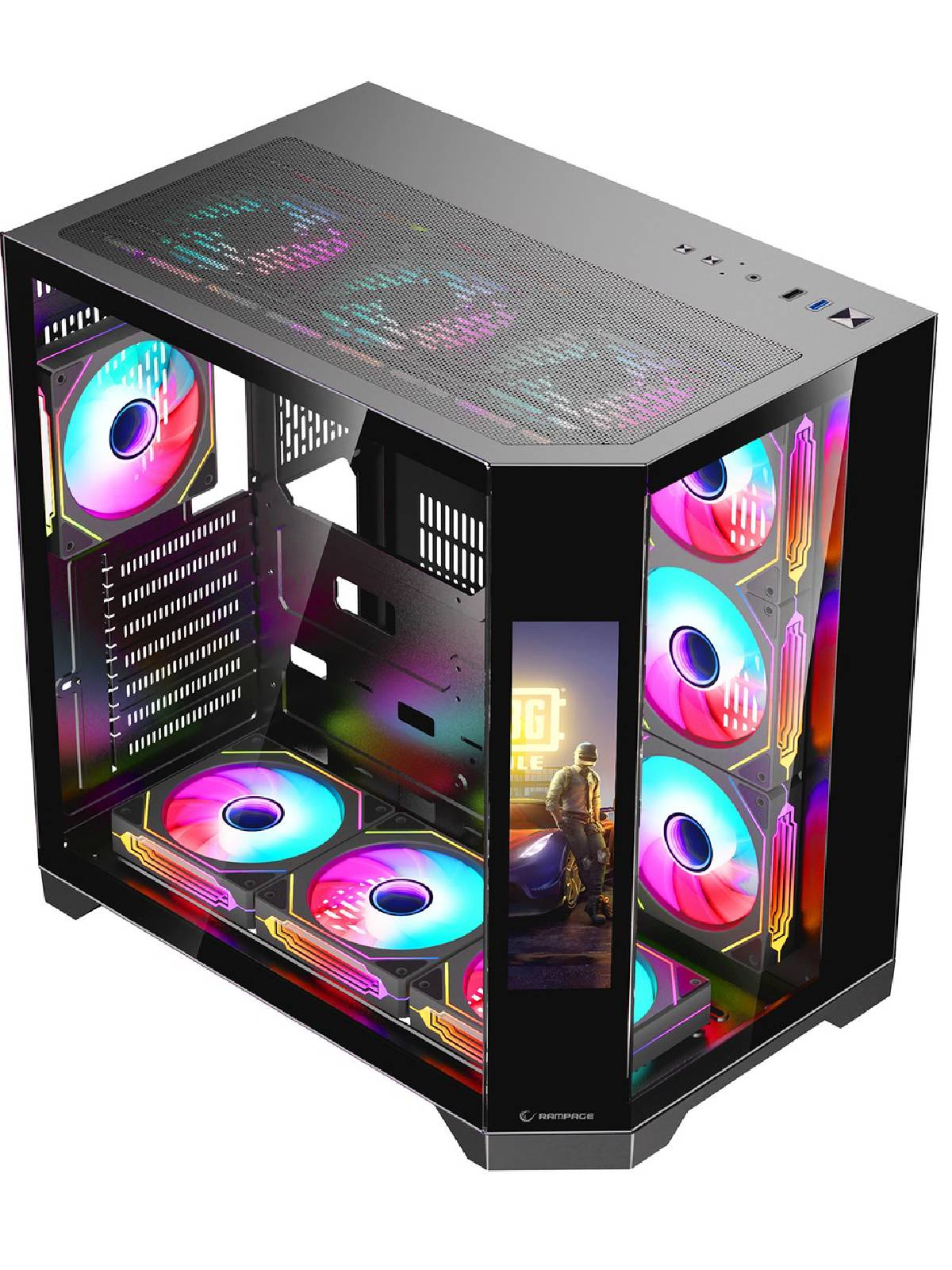 RGB fanlı ve cam yan panelli siyah bilgisayar kasası.