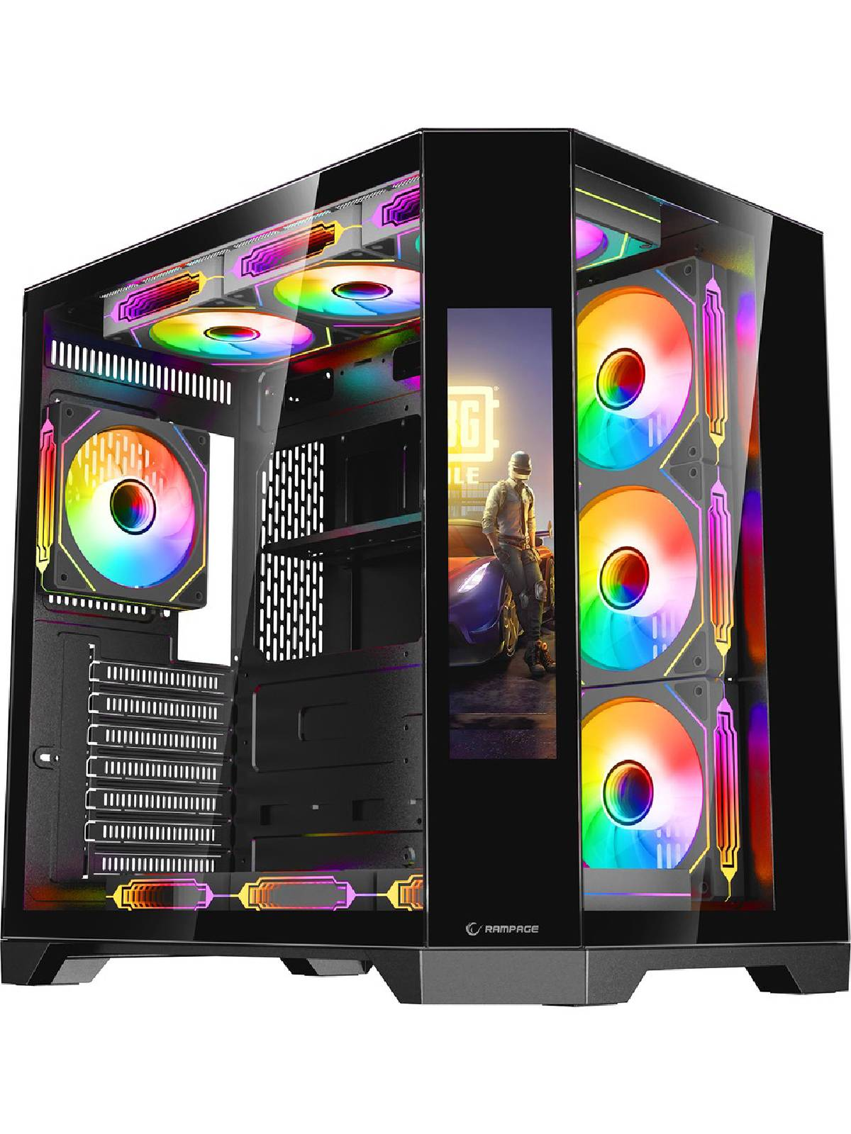 Cam panelli ve RGB fanlı siyah PC kasası.