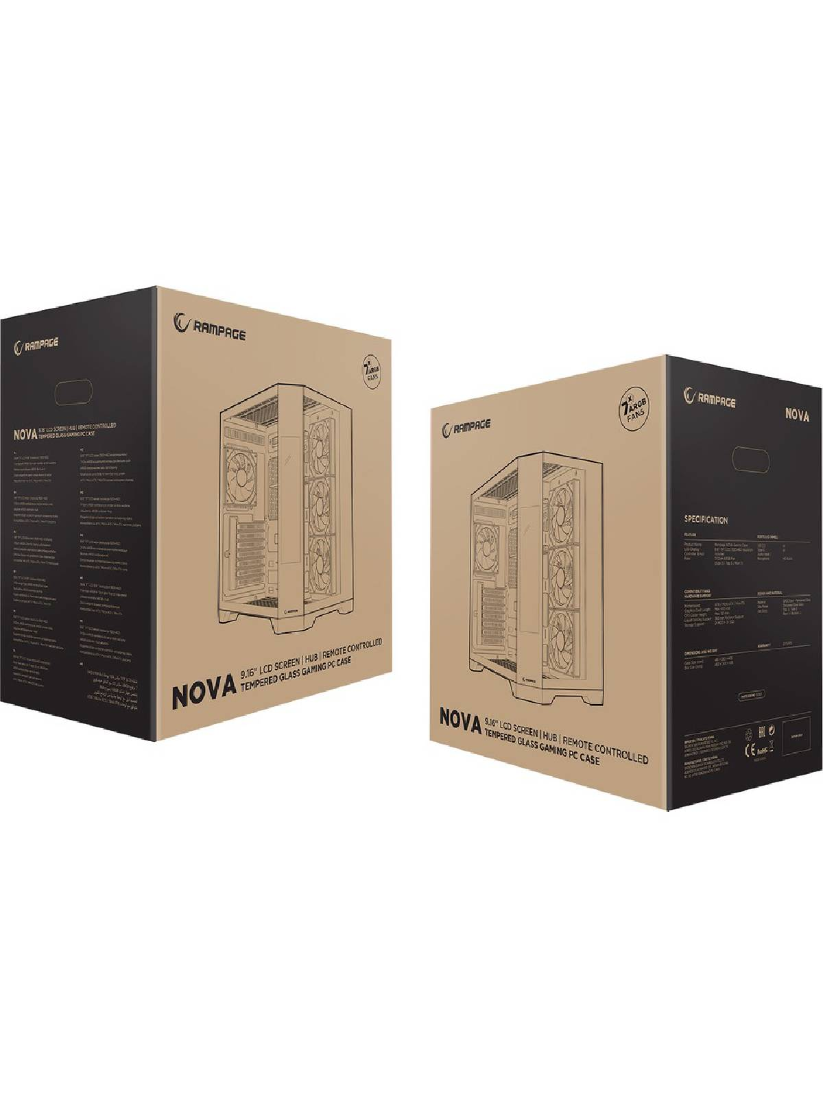 Fan ve spesifikasyon detaylı iki Rampage Nova PC kasası.