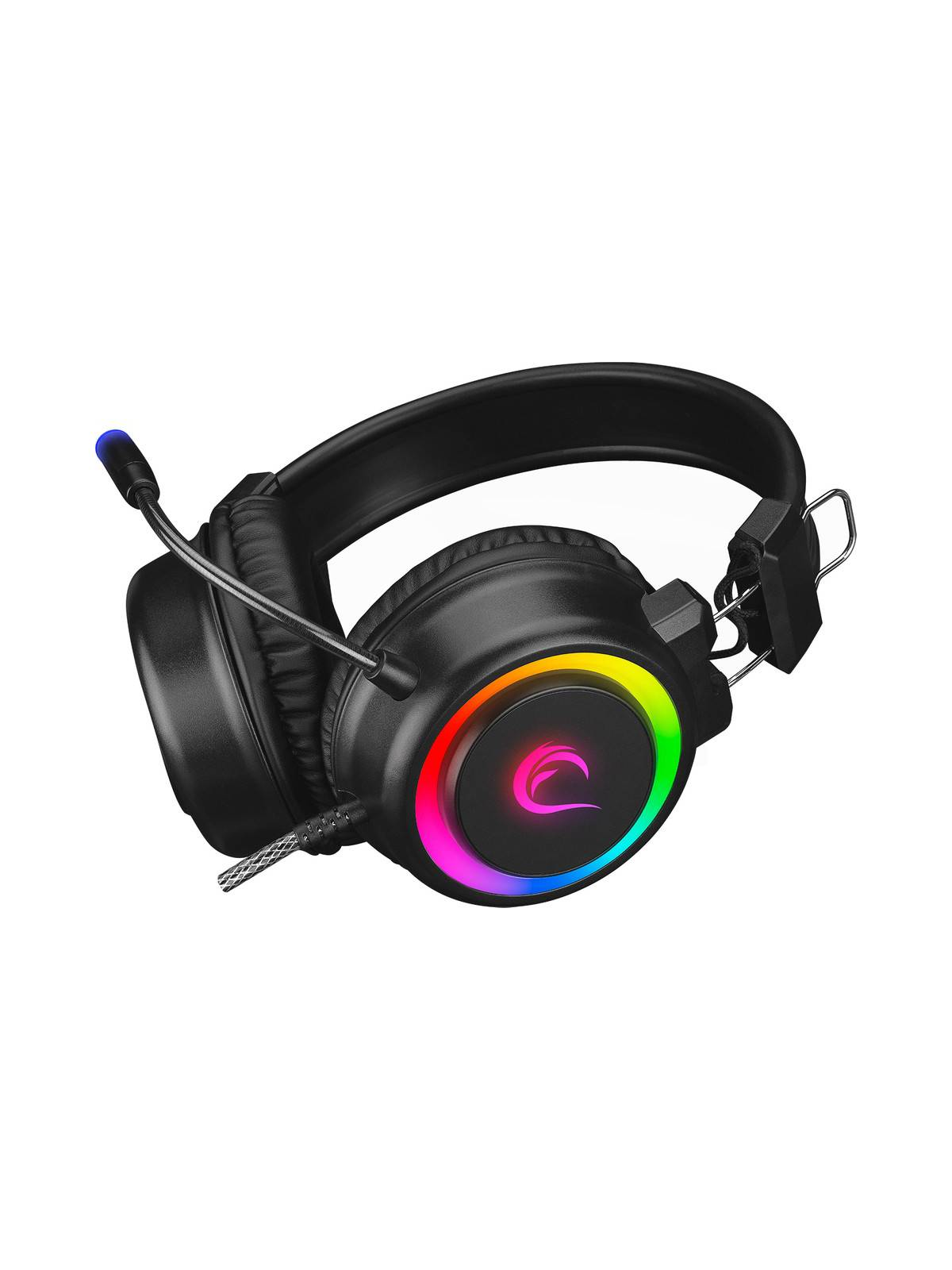 Mikrofonlu ve renkli RGB aydınlatmalı siyah oyuncu kulaklığı.