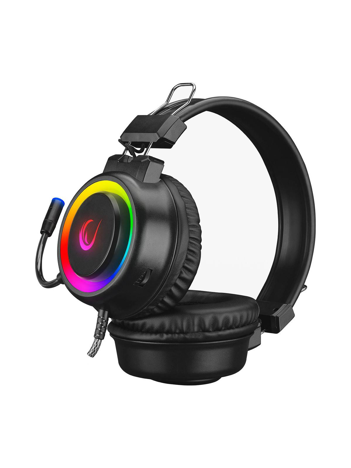 Beyaz arka plan üzerinde RGB aydınlatmalı ve mikrofonlu siyah oyuncu kulaklığı.