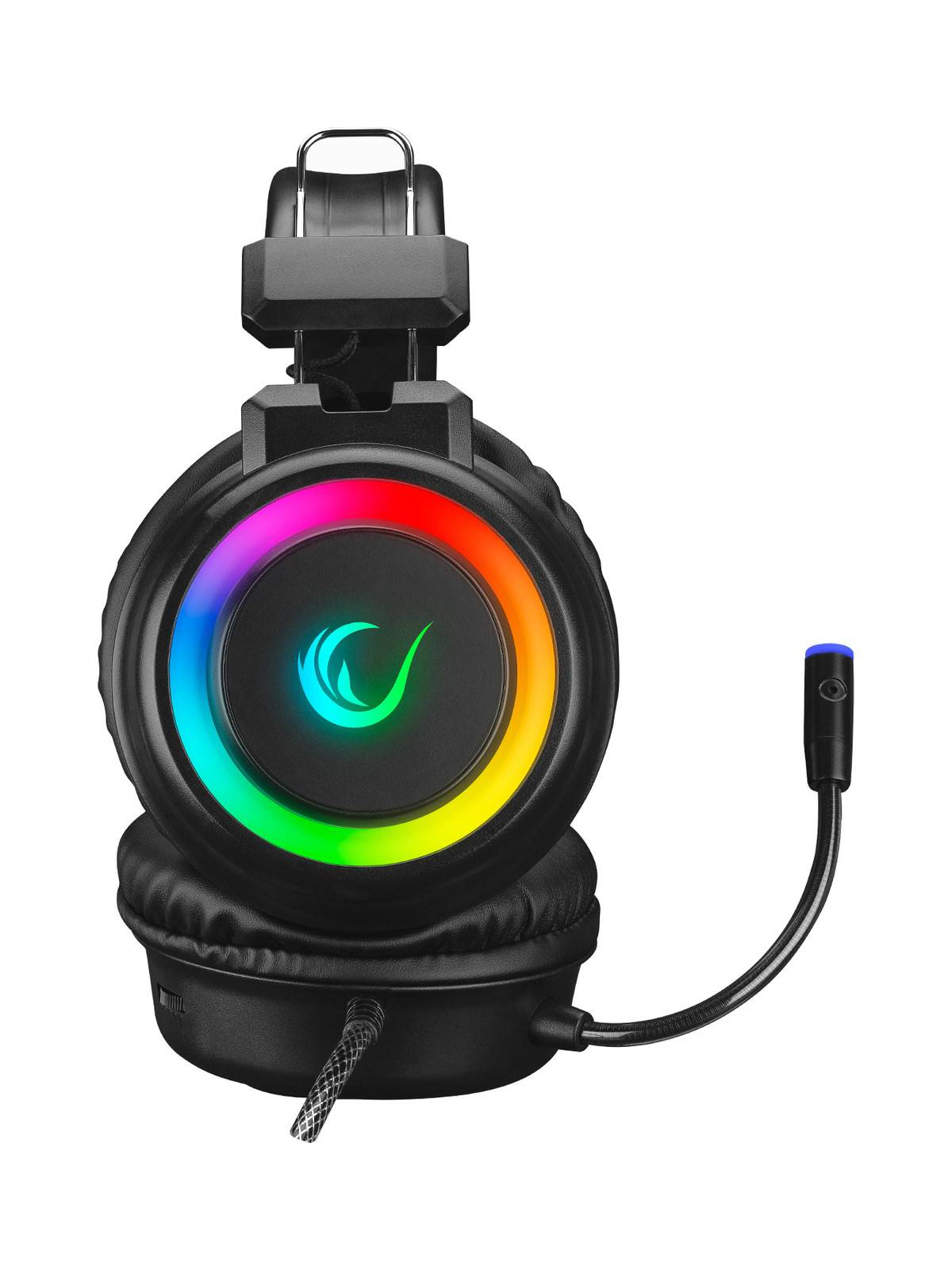 RGB aydınlatmalı ve mikrofonlu siyah oyuncu kulaklığı.