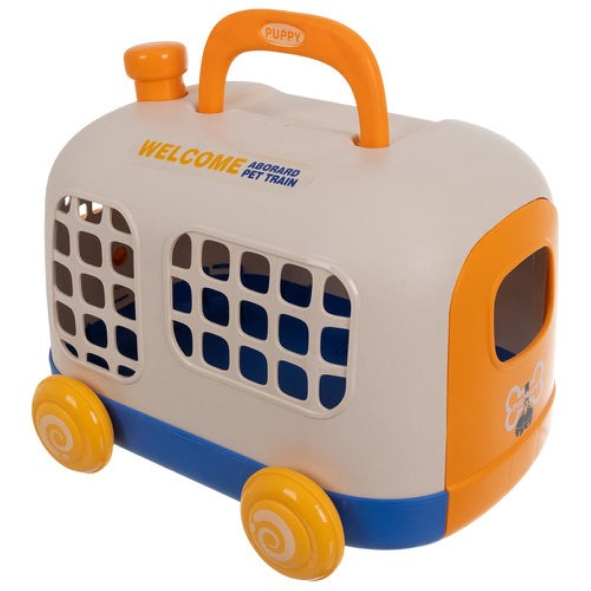 Un transportín de juguete blanco y naranja con ruedas y asa.