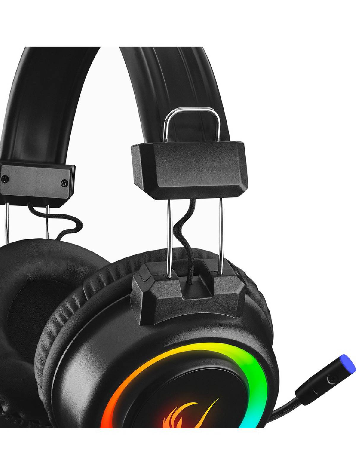 RGB aydınlatmalı ve mikrofonlu siyah oyun kulaklığı.
