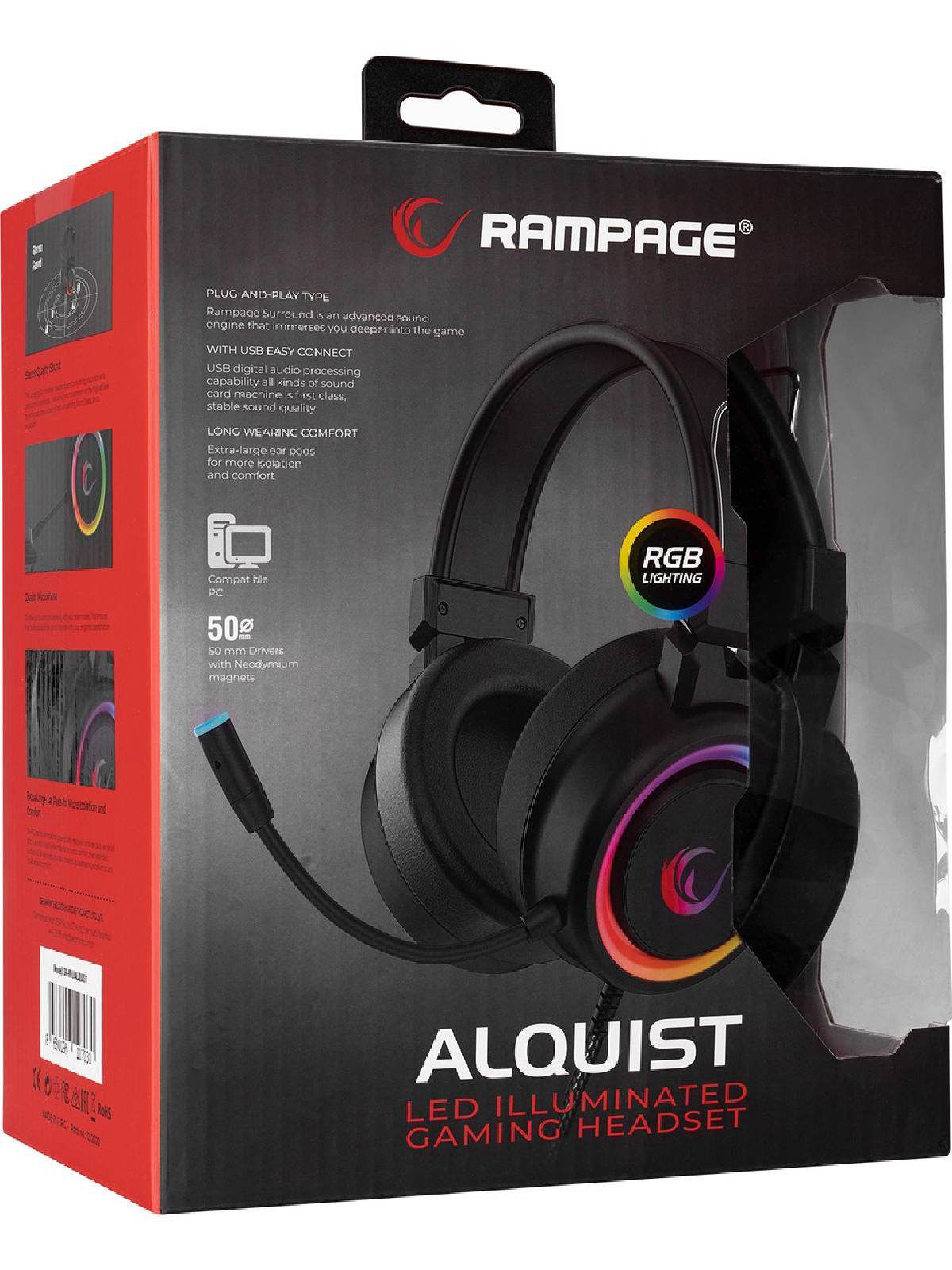 Rampage Alquist oyun kulaklığı, ambalaj üzerinde RGB aydınlatma ve mikrofon.