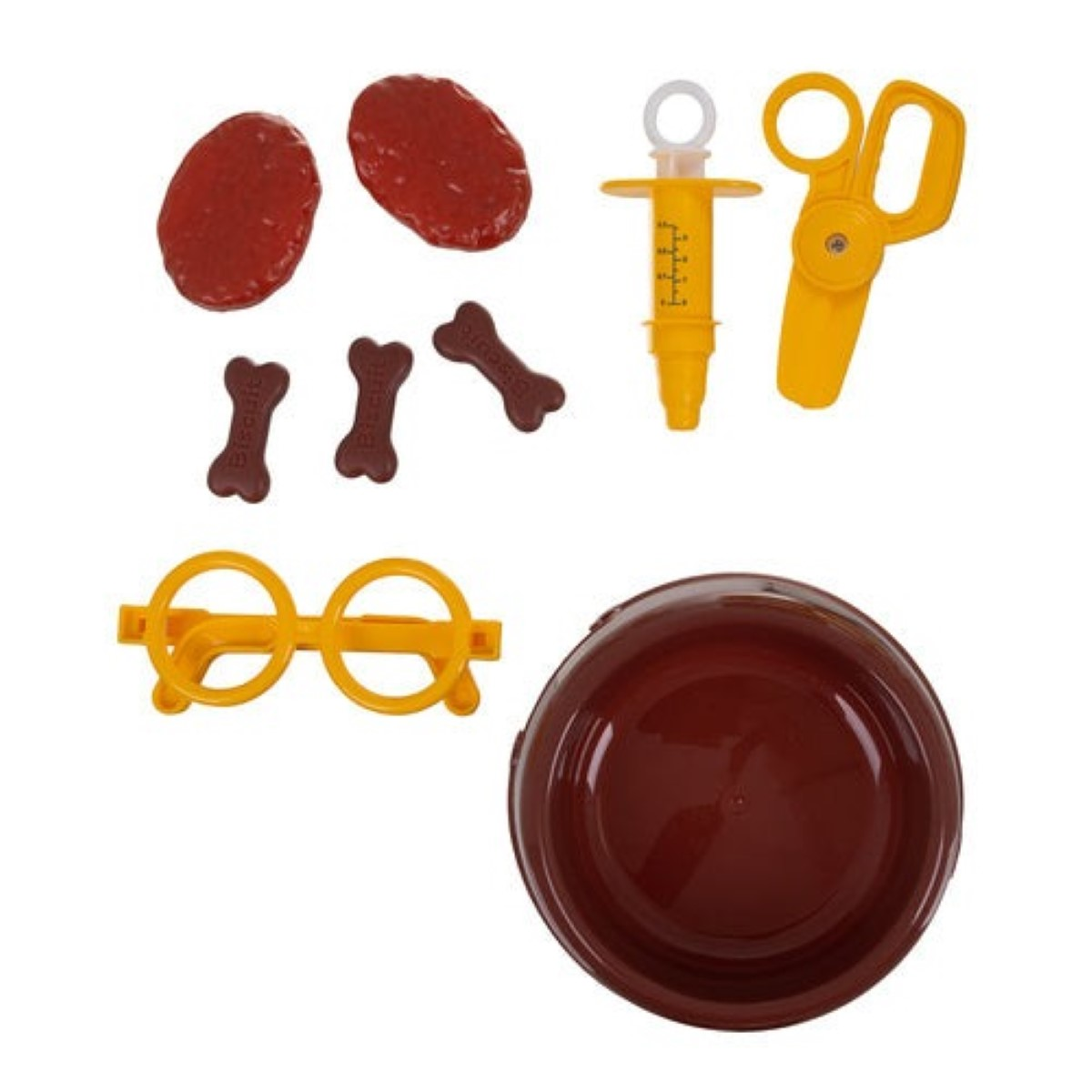 Juego de juguetes: 2 discos rojos, 3 huesos, jeringa, tijeras, gafas, cuenco.