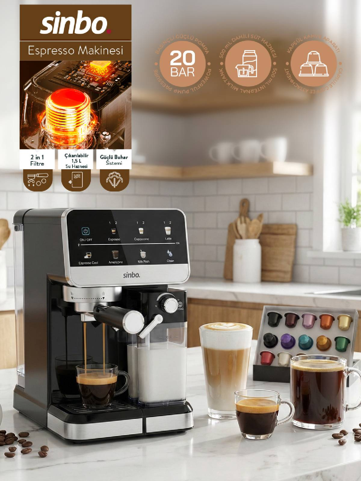 SINBO SCM-2996 Pro Cappuccino Latte Espresso 20 Bar 1.5l Profesyonel Otomatik Espresso Makinesi İnox