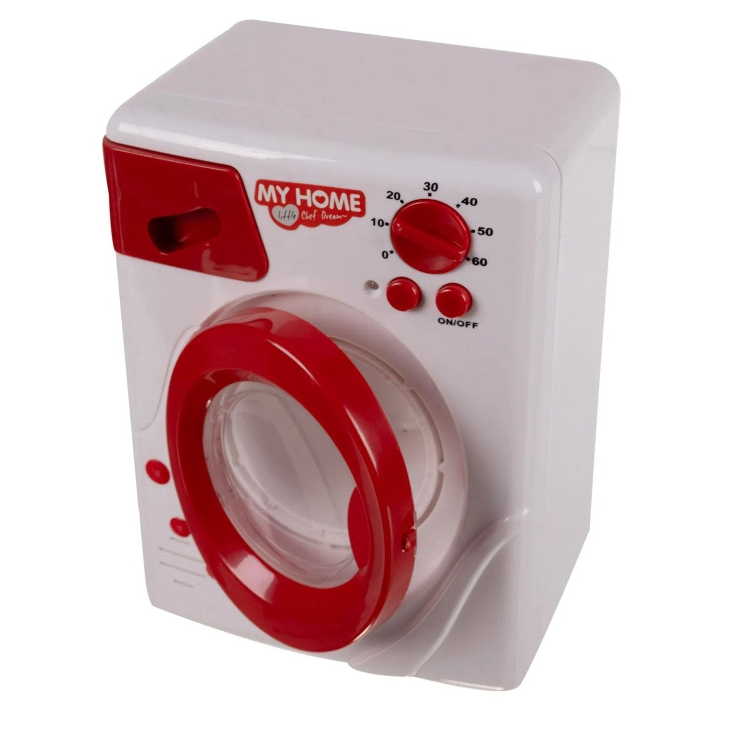 Una lavadora de juguete blanca con detalles y controles rojos.
