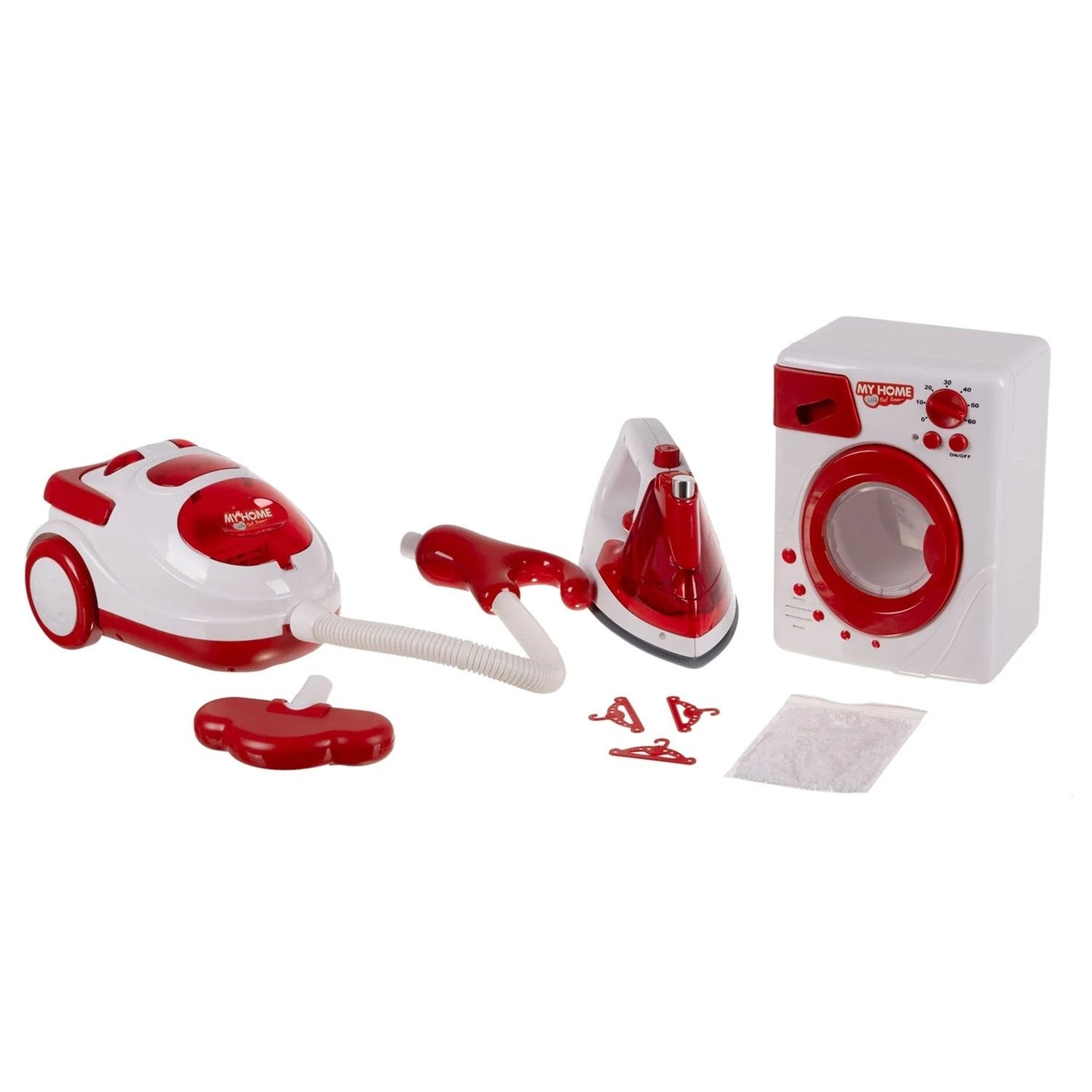 Lavadora de juguete, plancha, aspiradora y accesorios en rojo y blanco.