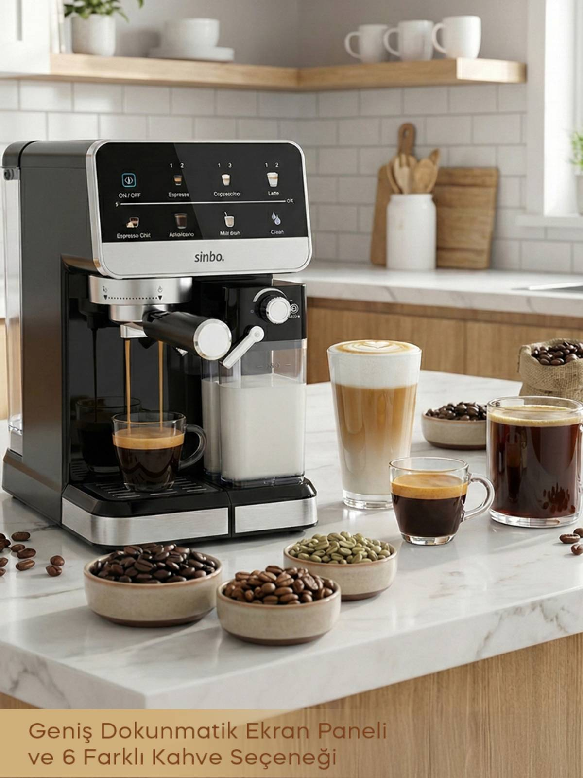 Dokunmatik ekranlı espresso makinesi, demlenmiş espresso, süt ve kahve çekirdekleri.