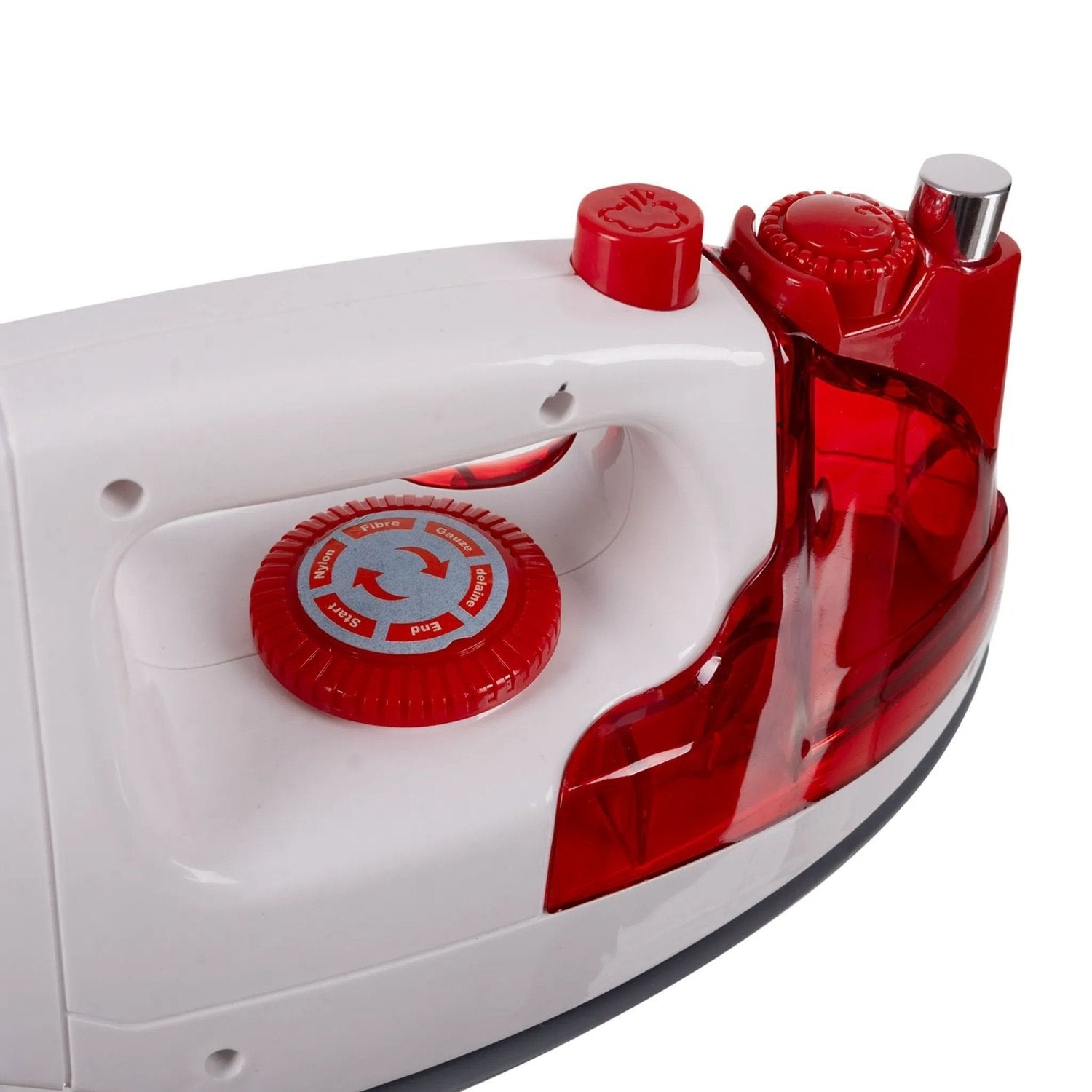 Una plancha de vapor blanca con detalles rojos y un depósito de agua transparente.