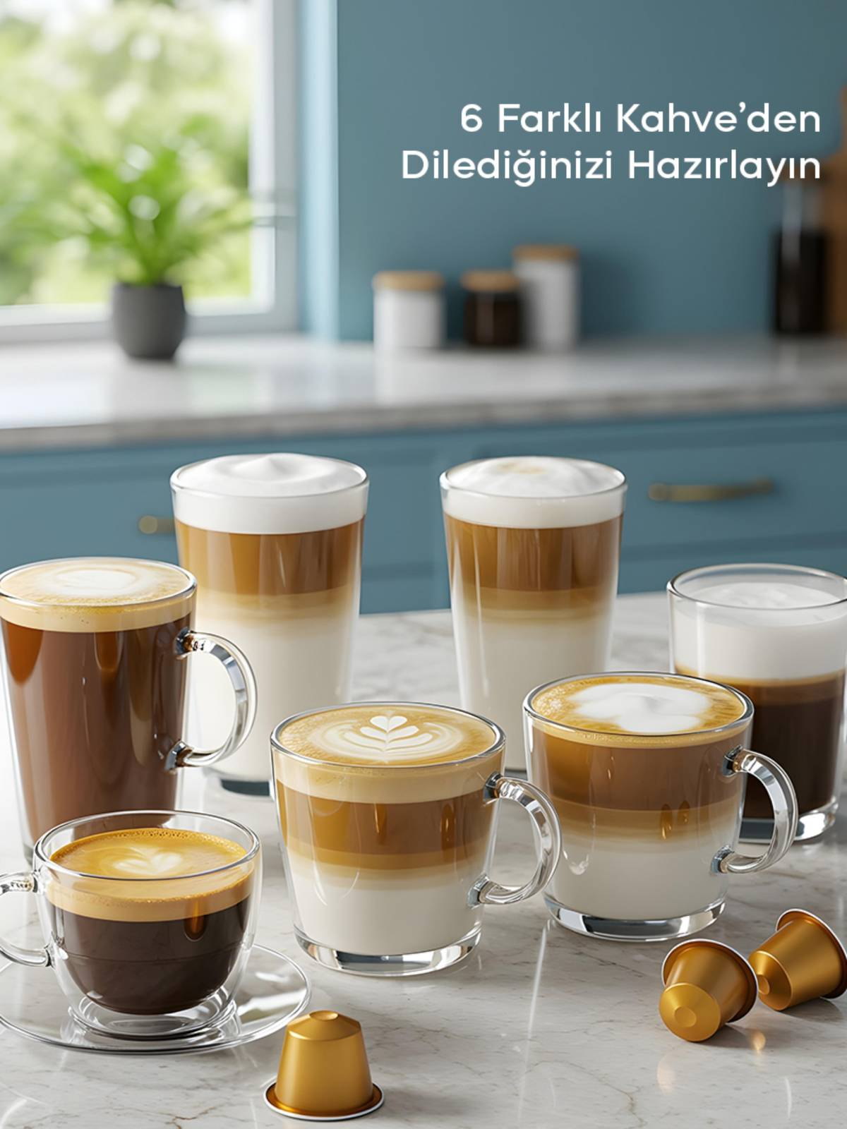 Bardak ve fincanlarda altı farklı kahve, bazılarında latte art.