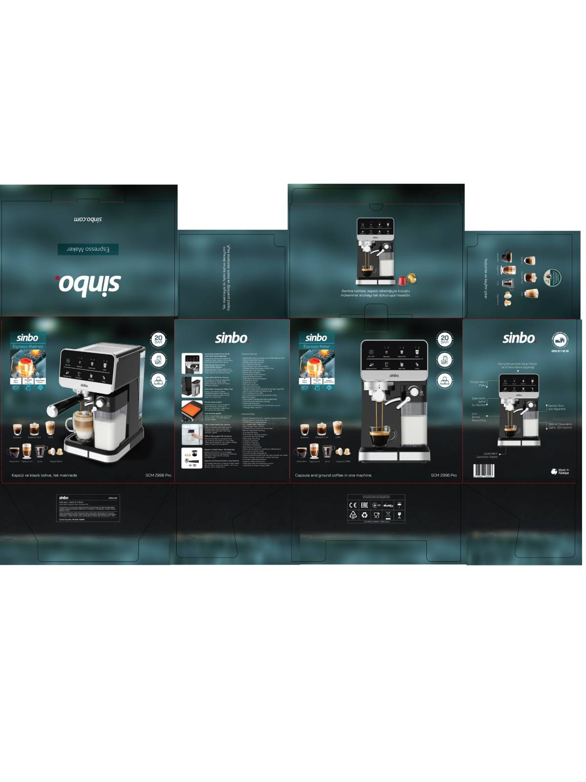 Sinbo espresso makinesi, gümüş ve siyah, kapsül ve öğütülmüş kahve yapar.