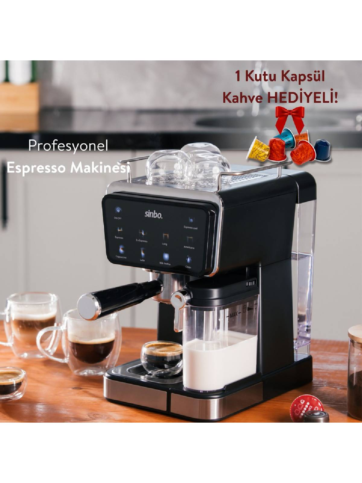 SINBO Scm 2996 Kapsül Ve Kuru Kahve Aparatlı Süt Köprütücülü 1.5L 20 Bar Profesyonel Espresso Makinesi Siyah