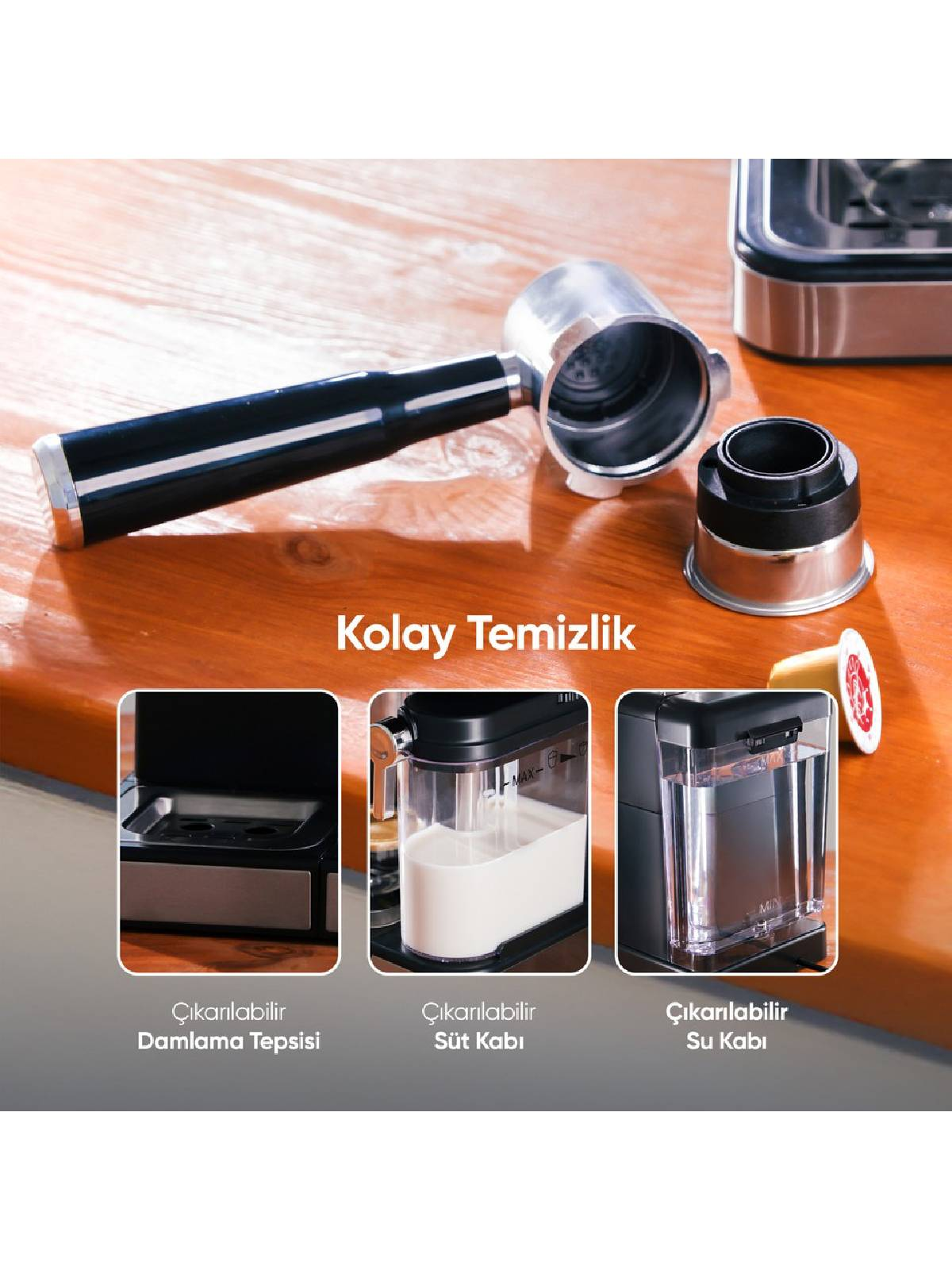 Kahve makinesi parçaları: portafiltre, süt haznesi, su haznesi, damla tepsisi.
