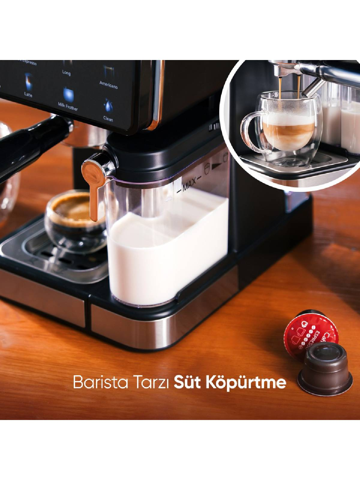 Süt haznesi, kapuçino ve kahve kapsüllü kahve makinesi.