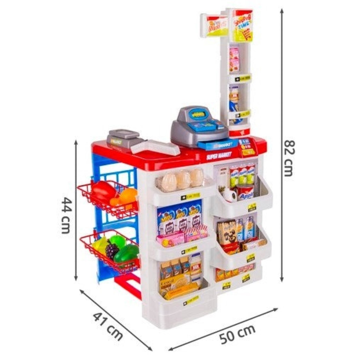 Supermercado de juguete con caja registradora, estantes, frutas y comestibles.