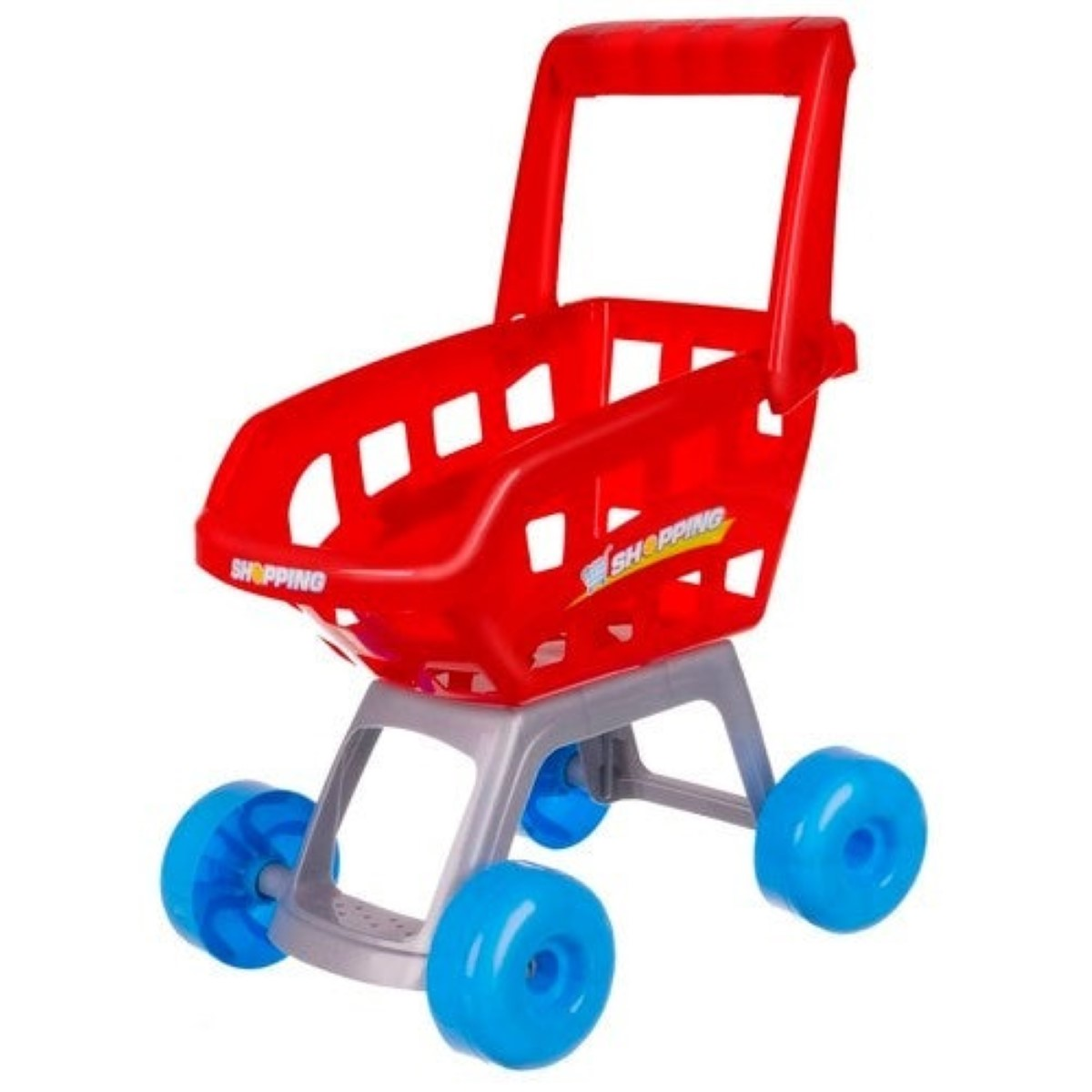 Un carrito de compras de juguete rojo con ruedas azules y texto "SHOPPING".