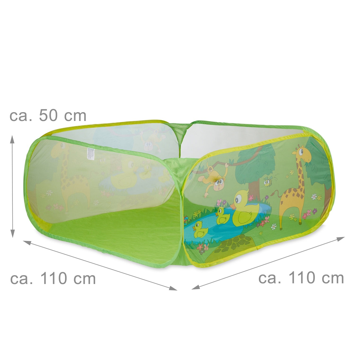 Un túnel de juego plegable con gráficos de selva, medidas 110x110x50 cm.