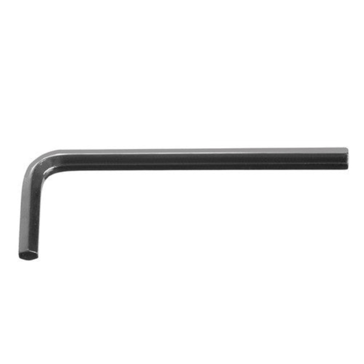 Una llave Allen plateada en forma de L yace sobre fondo blanco.