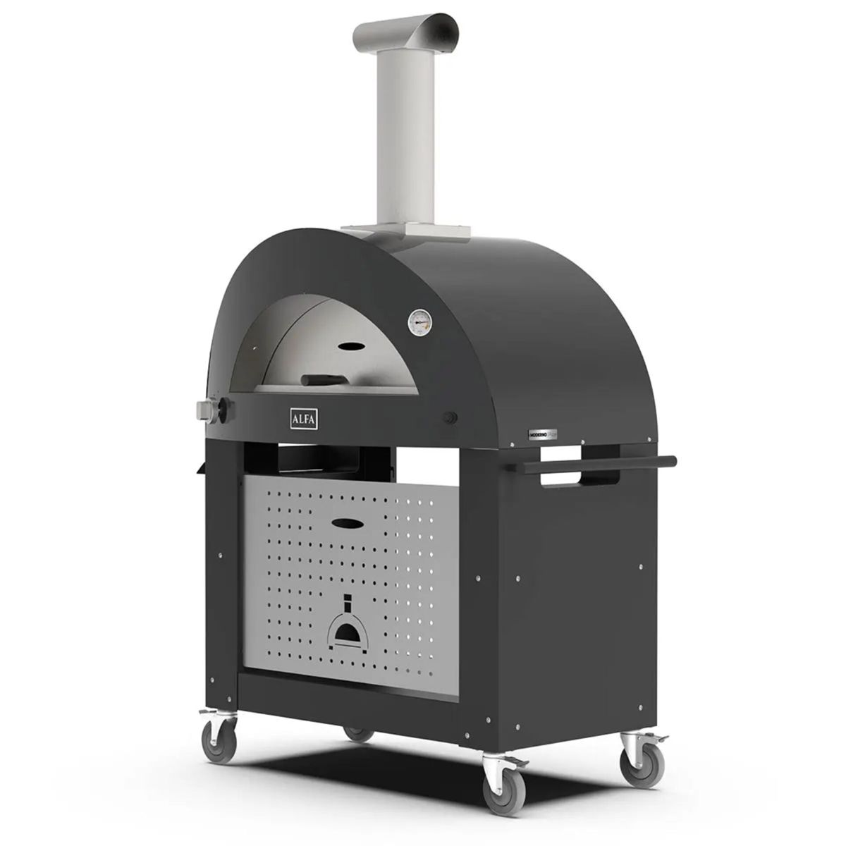 Ein schwarzer Pizzaofen mit Metallschornstein auf Rädern.