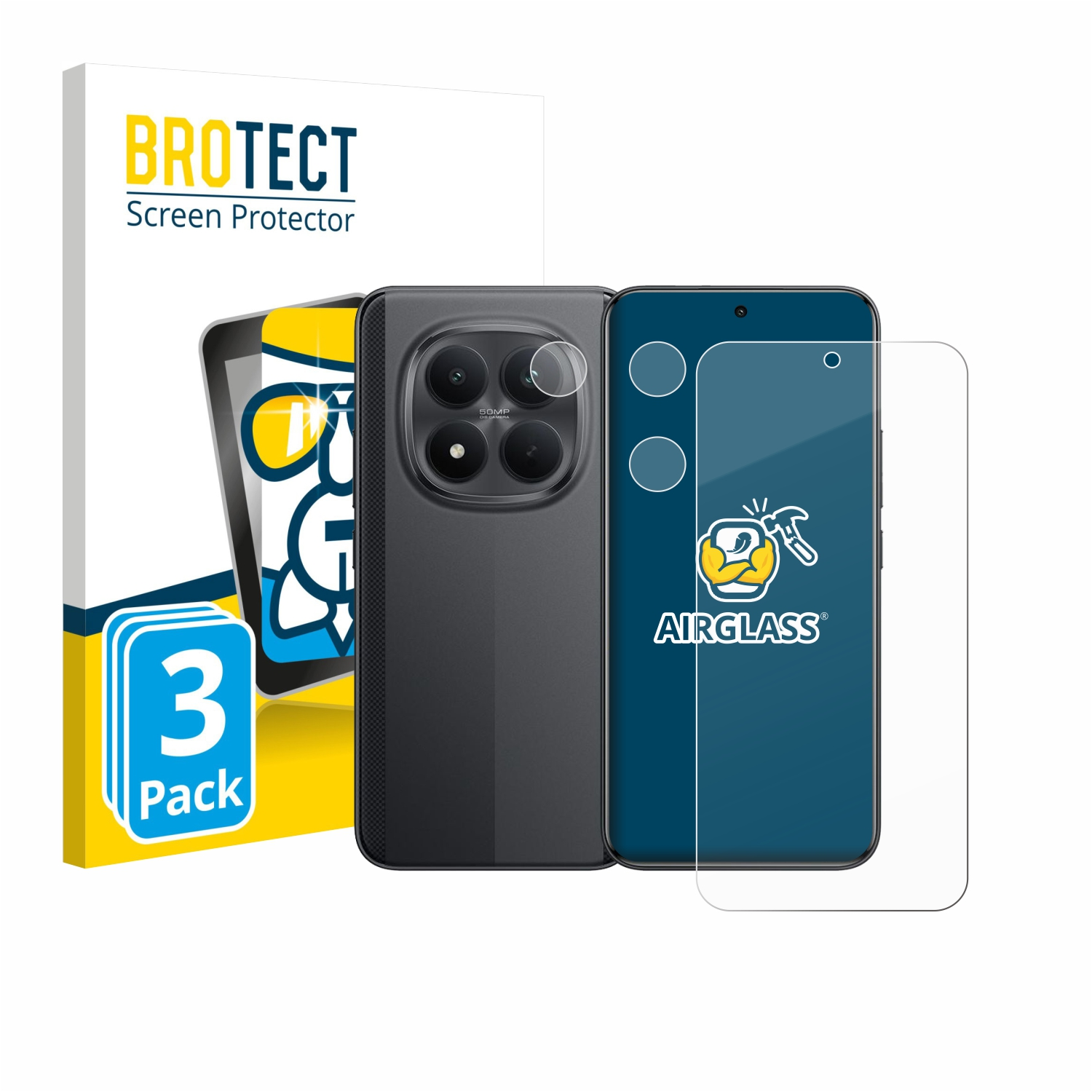 Ein Smartphone mit drei Rückkameras und ein Displayschutzpaket.
