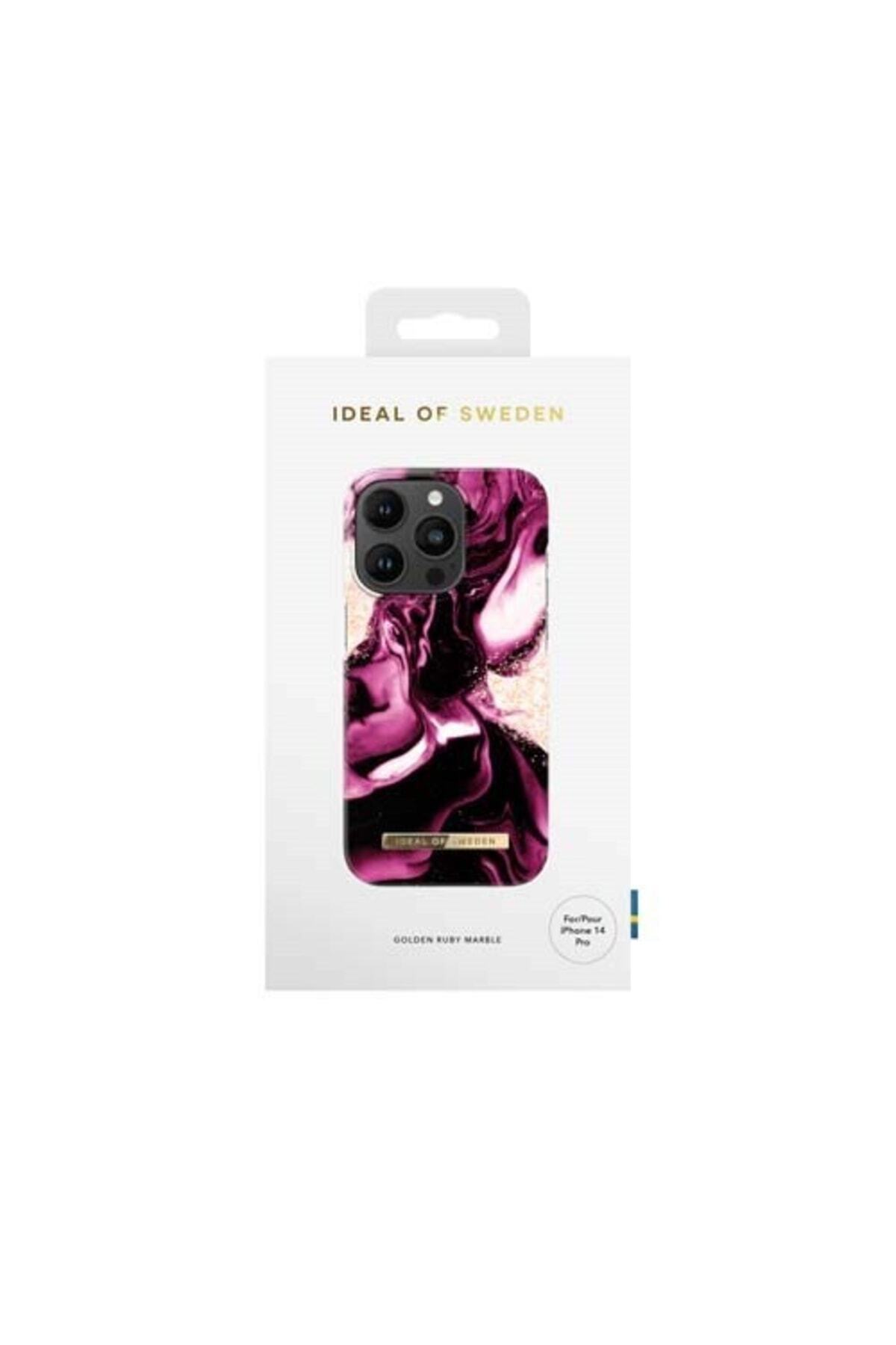 IDEAL OF SWEDEN iPhone 14 Pro kılıfı, altın yakut mermer tasarımı.
