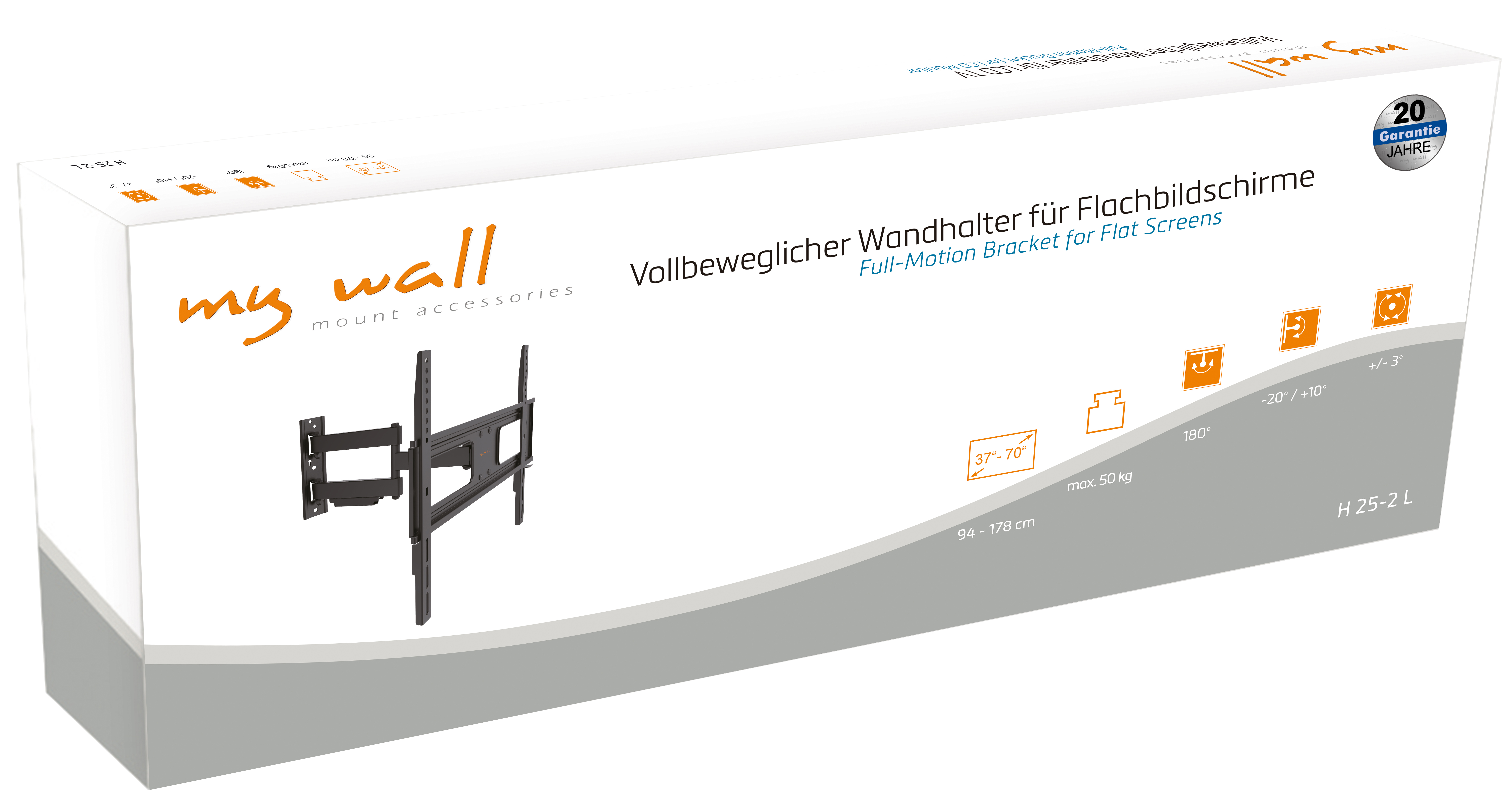 Verpackung eines voll beweglichen TV-Wandhalters, schwarz, mit Produktabbildung und Details.