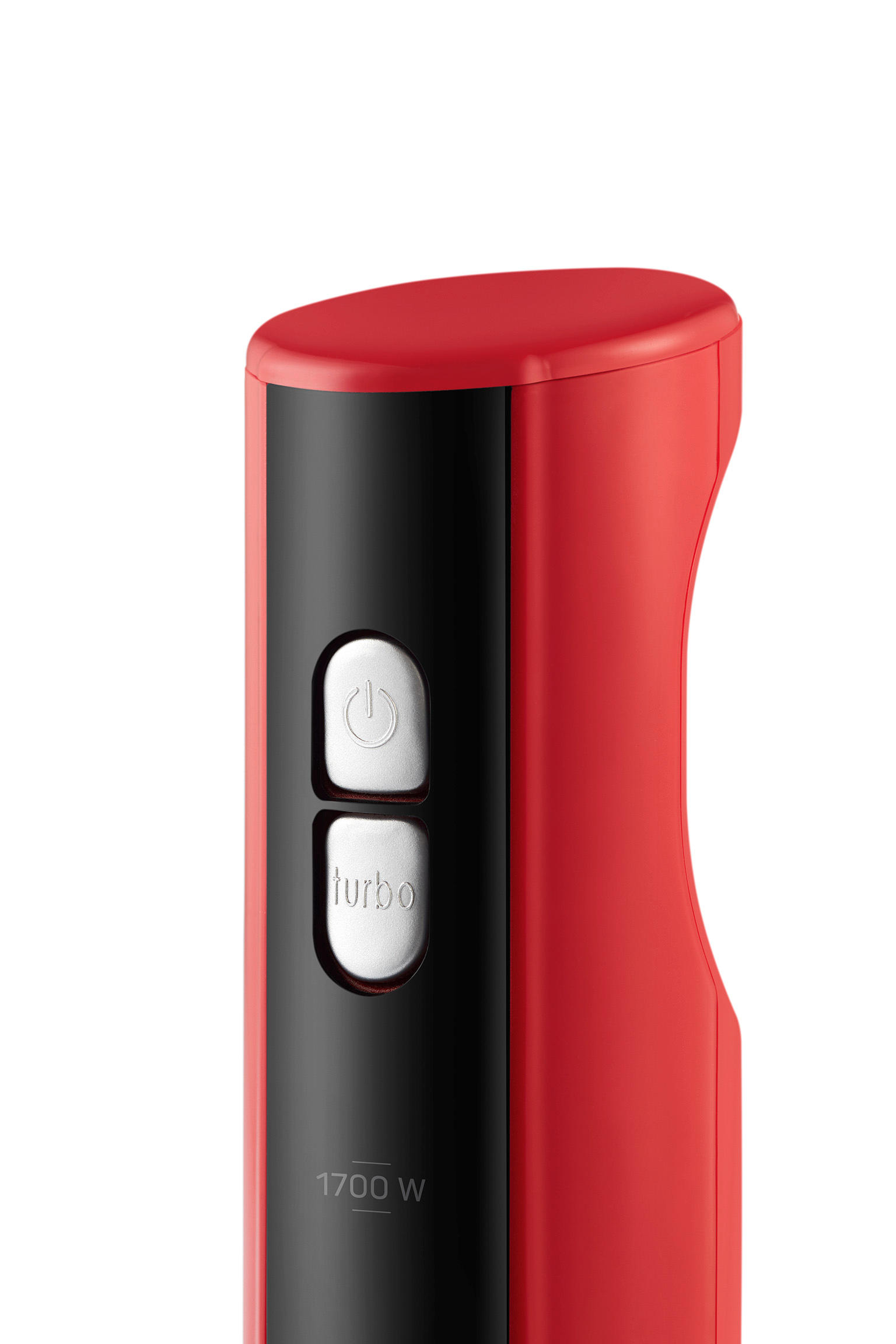 Siyah vurgulara ve gümüş düğmelere sahip kırmızı el blenderinin yakın çekimi.