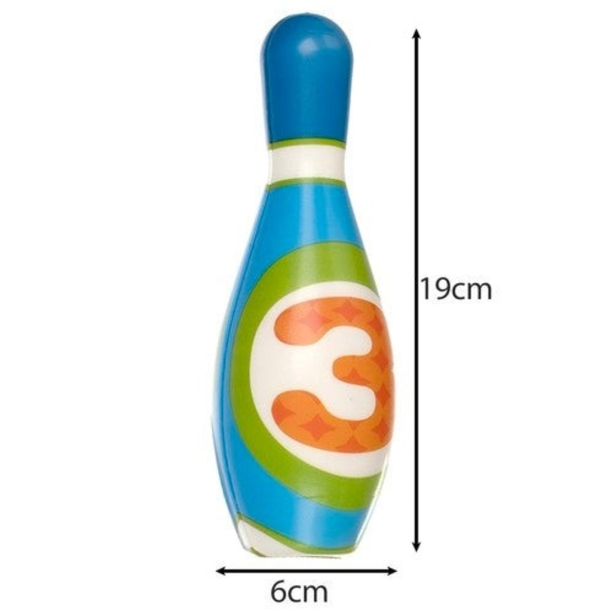 Un pin de bolos de juguete azul con diseño verde y naranja, 19cm de alto.