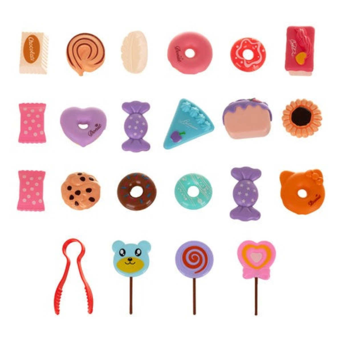 Una colorida colección de dulces con donuts, galletas y piruletas.