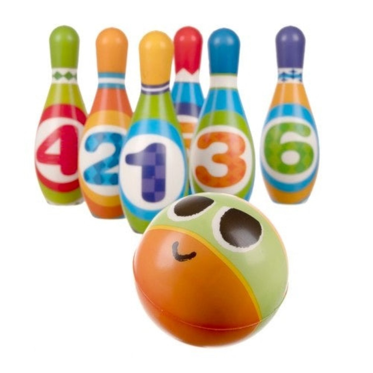 Boliches de colores con números y una bola con cara.