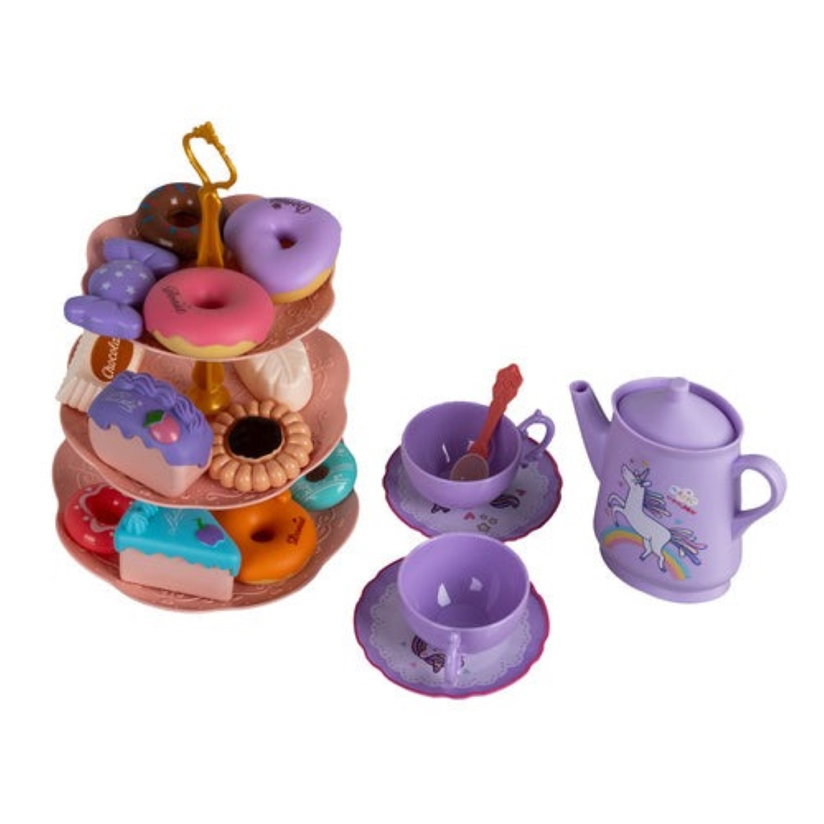Juego de té de juguete morado con pasteles y donas en un soporte.