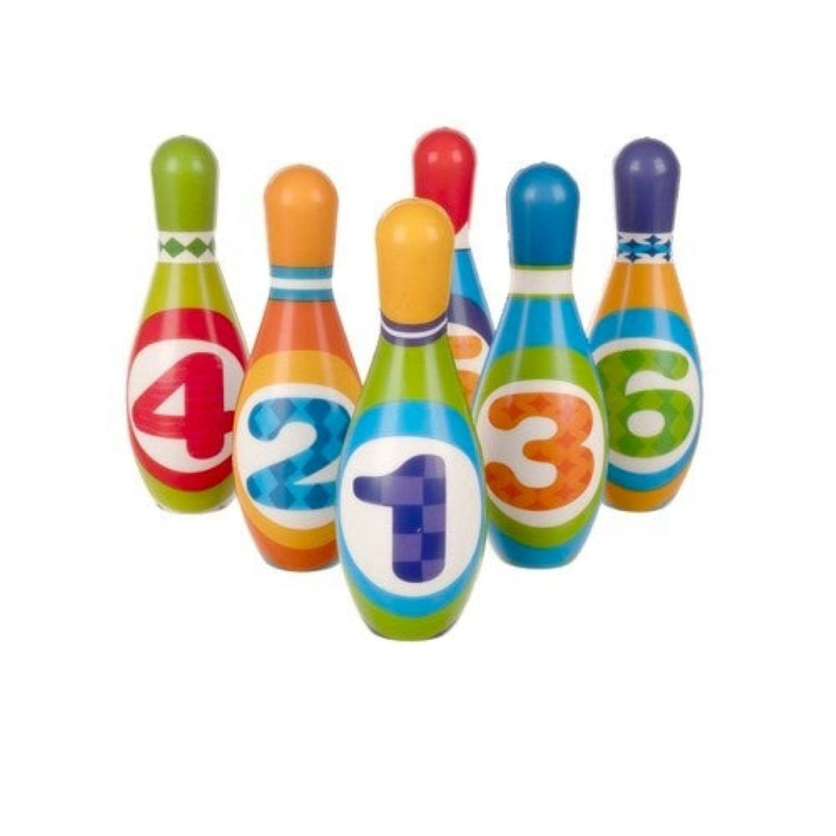 Boliches de colores numerados del 1 al 6, sobre fondo blanco.