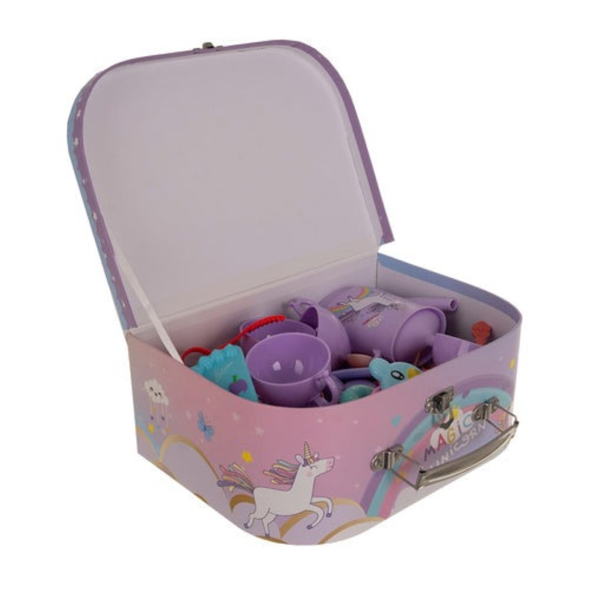 Una maleta abierta con diseño de unicornio y vajilla de juguete morada.