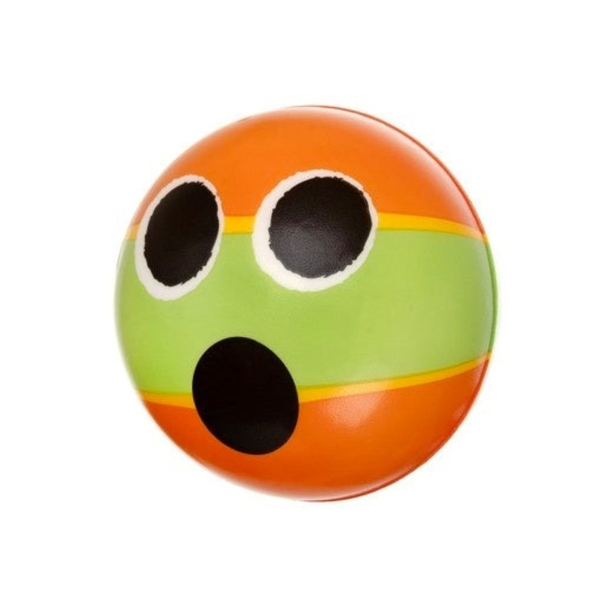 Una pelota redonda, naranja y verde con cara de sorpresa.